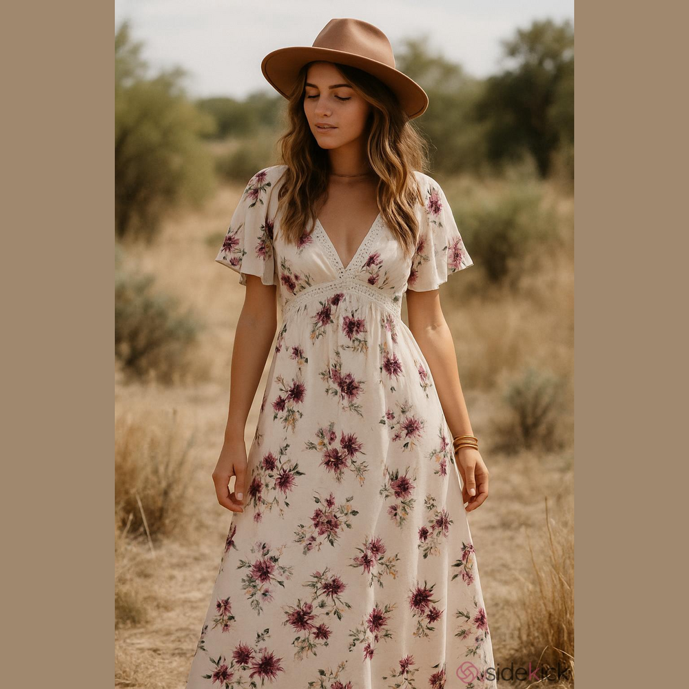 Easel Cream Floral Boho Cottagecore Flutter Sleeve Maxi Dress, Size Medium